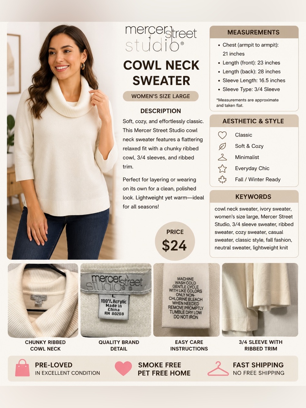 Mercer Street Studio Cream Ribbed Cowl Neck Sweater